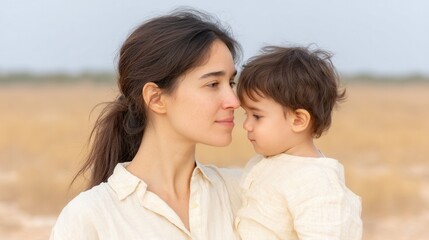 Fototapeta premium A serene moment captured between a mother and her child in a natural setting. The bond and connection between them reflect love and joy in everyday life, showcasing family values.