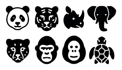 Fototapeta premium Black and white animal icons: panda, elephant, tiger, gorilla, more