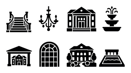 Naklejka premium Elegant architectural icons: stairs, chandelier, buildings, fountain