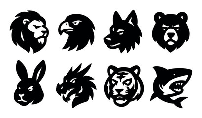 Black animal silhouettes: lion, eagle, wolf, bear, rabbit, dragon