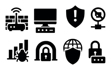 Set of cybersecurity icons: shields, locks, computers, bugs