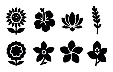 Silhouette illustrations of eight distinct flower types