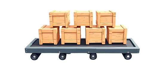 Wooden crates stacked on flat cart with wheels for easy transport and storage,cut out
