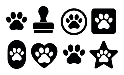 Black silhouette dog paw icons in various shapes and designs