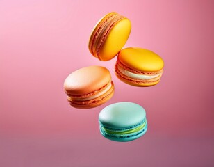 a variety of macarons in blue, yellow, pale green and orange, each filled with pink background