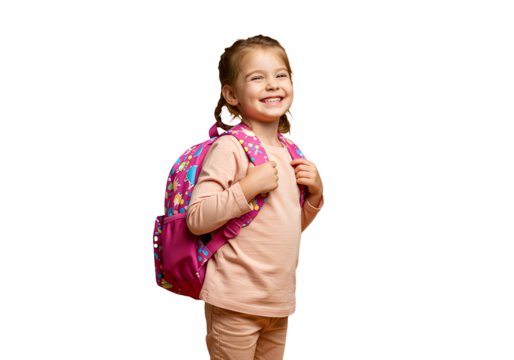A cheerful child with a backpack, ready for school, isolated