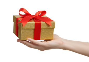 優しく輝く金色 ギフトボックス 赤いリボンが華やか 手のひらに