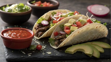 nachos with guacamole and salsa, Delicious beef tacos with avocado, salsa, and vegetables on black slate background