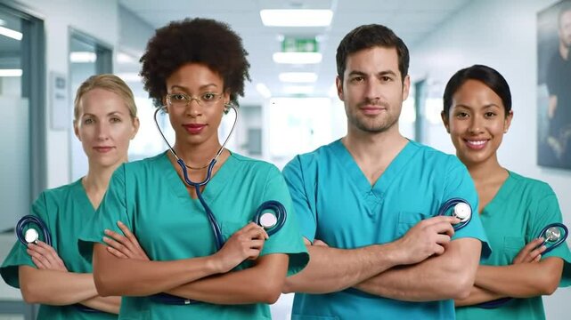 Confident Multiethnic Medical Team in Teal Scrubs Standing in a Bright Hospital Corridor with Eye-level Perspective