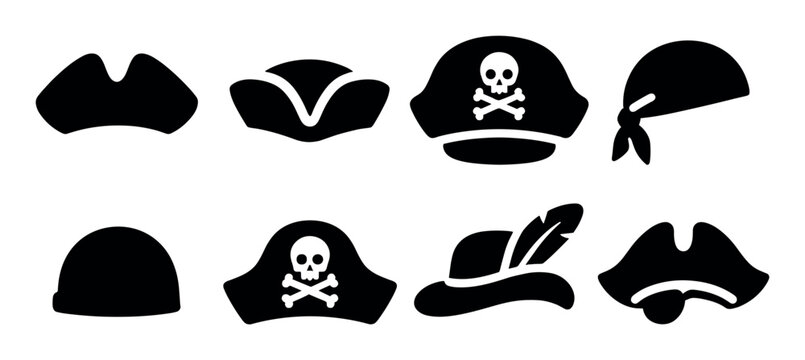 Silhouette icons of pirate and historical hats collection