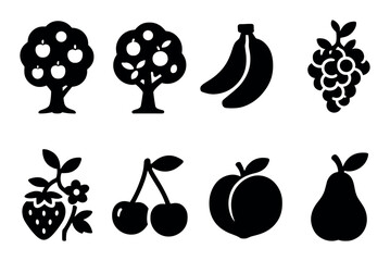 Black silhouette icons of fruit trees and various fruits