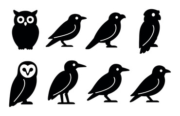 Naklejka premium Silhouette icons of owls and ravens in various poses and styles