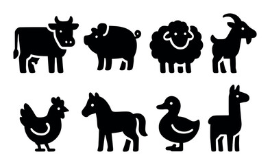 Silhouette farm animals: cow, pig, sheep, goat, horse, chicken, duck