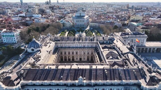 Royal Palace Of Madrid At Madrid In Community Of Madrid Spain. Medieval City Scenery. Royal Theater. Beautiful Garden. Royal Palace Of Madrid In Spain. Oriente Square Skyline.
