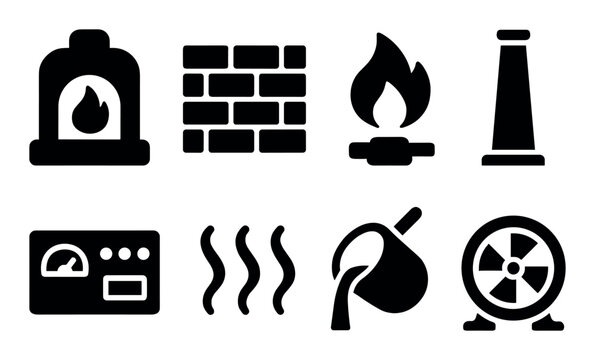 Silhouette icons of fireplace, fire, brick, fan, and chimney elements
