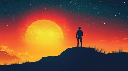 solitary figure at sunset starry night landscape