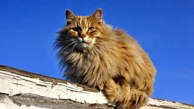 Serious Stare: Long-Haired Orange Tabby Cat on Wooden Surface
Concept: Feline grace, nature, contemplation