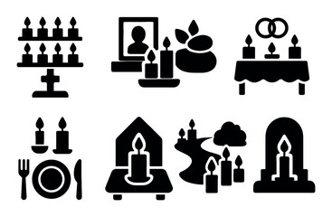Black candle icons for celebrations, memorials, and decor themes