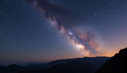 Naklejka premium Milky Ways ethereal glow over dark mountain silhouettes at twilight