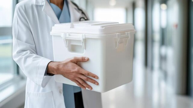 Doctor in a white coat holding a sealed white medical cooler box while walking through a hospital hallway