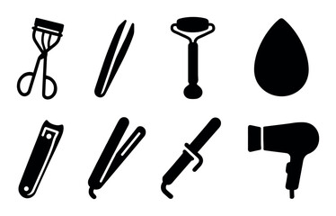 Obraz premium Essential beauty tools: curler, tweezers, roller, sponge, dryer