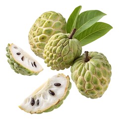 Fototapeta premium Studio shot of sugar apples or sweetsops with slices and leaves