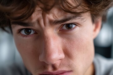 Obraz premium A close-up portrait of a young man showcasing deep emotions and a contemplative expression that draws viewers into his thoughts and feelings in a soft-lit environment.