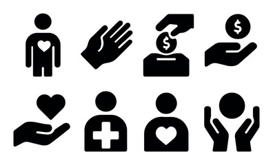 Charity and donation icons: hands, coins, hearts, giving concepts