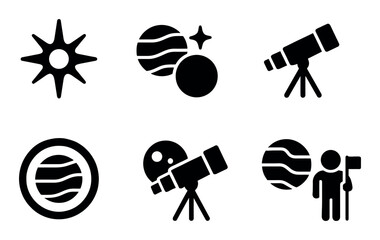 Space icons: sun, planets, telescope, cosmic exploration symbols