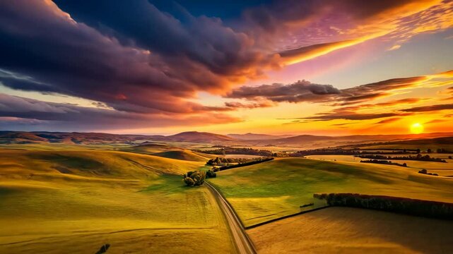 Golden hour sunset over rolling hills and fields with colorful clouds