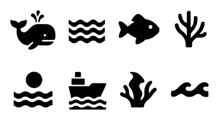 Silhouette sea icons: whale, fish, coral, ship, waves, sun