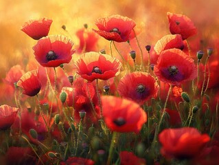 Fototapeta premium Bright red poppy flowers glowing softly in warm golden sunlight over a vibrant green meadow, evoking a peaceful and serene atmosphere in nature