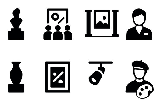 Art icon set: sculpture, paintings, gallery, artist, museum symbols