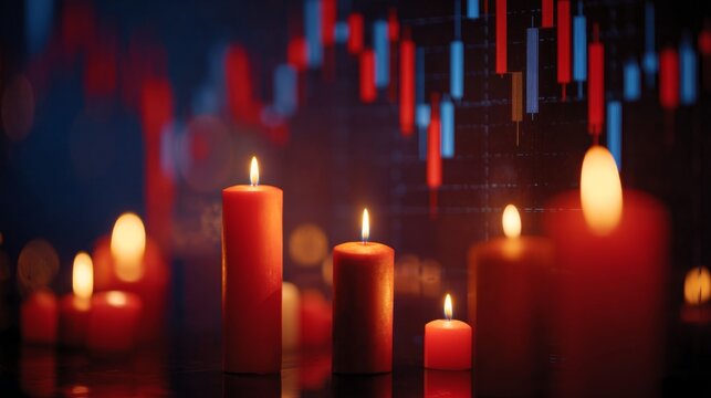 Candles Burning with Financial Graph Background Illustrating Investment Trends and Market Analysis Concept in a Dark Setting