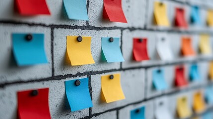 Colorful sticky notes pinned on a textured wall for organizational visualization
