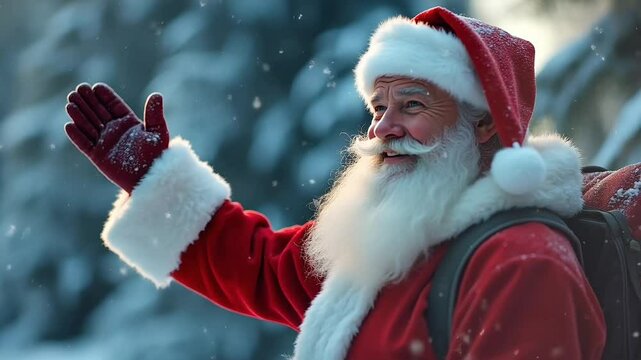 Santa Claus Waving in a Winter Wonderland. Suitable for marketing or business purposes