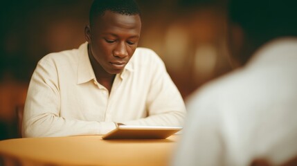 Obraz premium A young man engaged in deep thought while using a tablet at a cafe