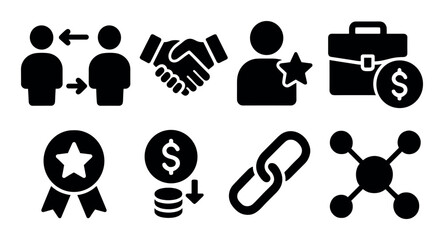 Obraz premium Black icons: business symbol set including handshake and briefcase
