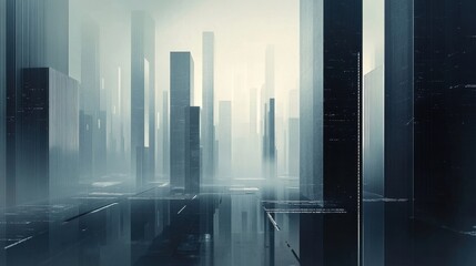 futuristic cityscape monochromatic skyscrapers foggy metropolis