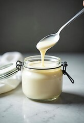 Condensed milk in a glass jar with a spoon pouring the liquid.