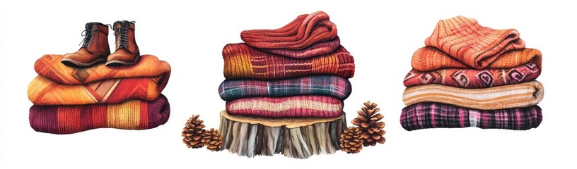 Three stacks of colorful, patterned blankets and a pair of boots rest atop them