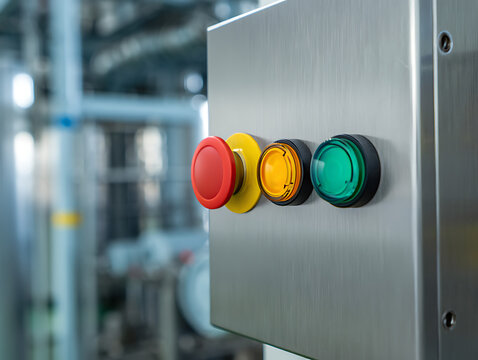 Industrial push button panel with colored buttons on metal panel.