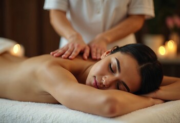 Obraz premium A woman lying on a massage table, receiving a massage in a spa with blur candles and wooden walls background.