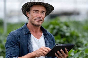 Obraz premium This image showcases a modern farmer utilizing a tablet while surrounded by lush greenery in a greenhouse, blending technology with agriculture for effective farming.