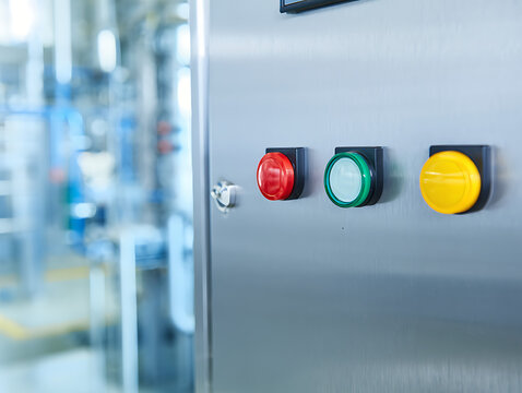 Industrial push button panel with colored buttons on metal panel.