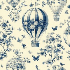 Illustration of vintage hot air balloons decorated with flowers floating among blooming branches and fluttering butterflies in a delicate blue and cream color scheme