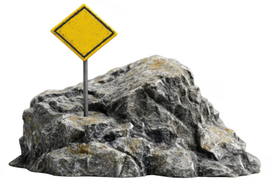 Transport signage marking hazardous terrain scenic rocky landscape 3d rendered content outdoor environment close-up view safety awareness