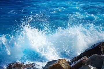 Ocean wave , blue water splashing rock beach , blue background.
