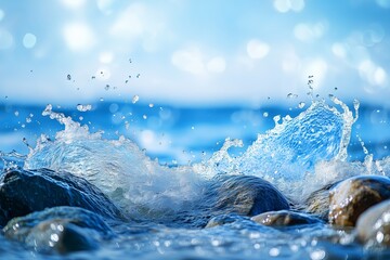 Ocean wave , blue water splashing rock beach , blue background.
