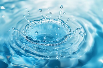 Clear blue water drop into blue water.